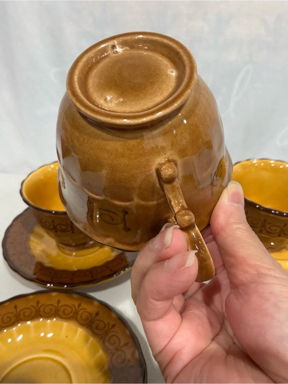 Amber Brown Ceramic Teacup and Saucer Set - 5pc